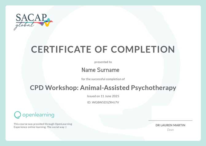 Online certificate of completion for the Animal-Assissted Psychotherapy cpd workshops that learners will received at end of workshop
