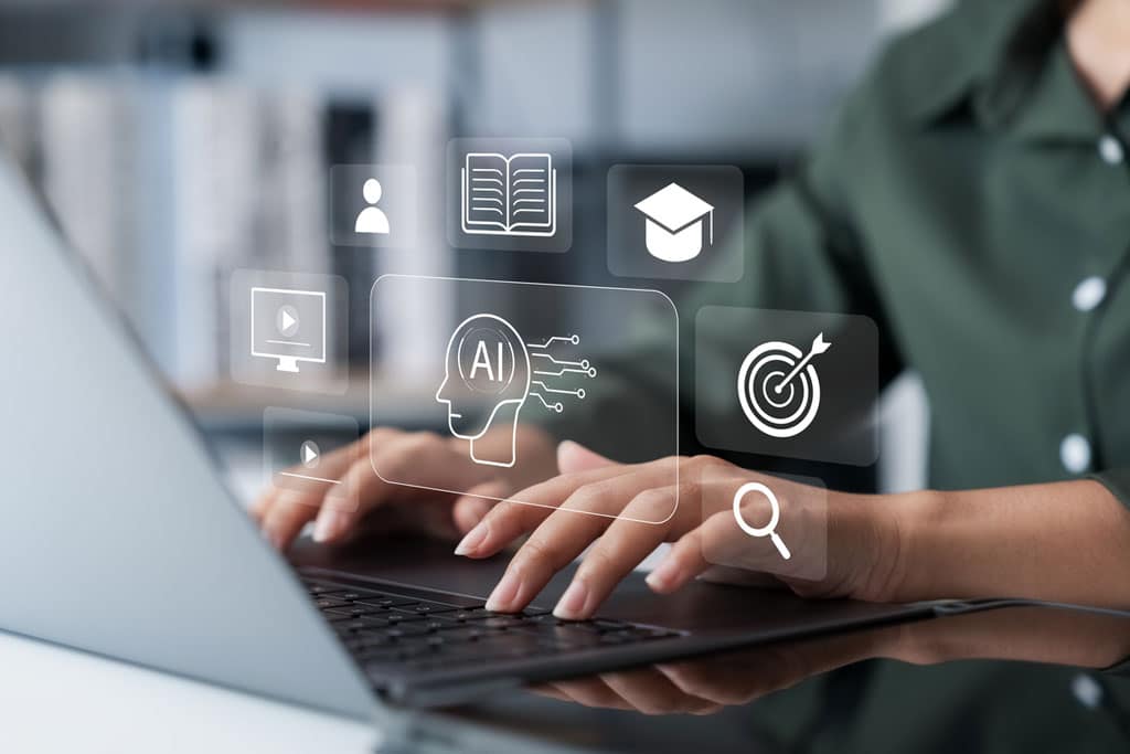 A man looking at AI images on his laptop